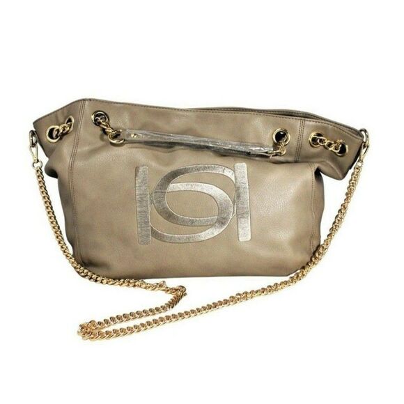 BEBE Tote Shopper Bag Lg Vegan Leather Gold Tone Chain Dark Beige Style Whitney